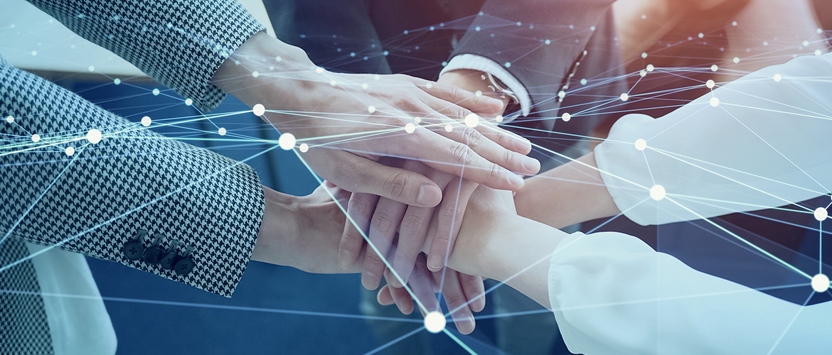 Symbolbild für Kammerkooperationen des Deutschen Anwaltsinstituts – mehrere Hände symbolisieren partnerschaftliche Zusammenarbeit, darüber ein digitales Netzwerk. Darstellung für die enge Verbindung mit BRAK, BNotK und regionalen Rechtsanwalts- und Notarkammern.